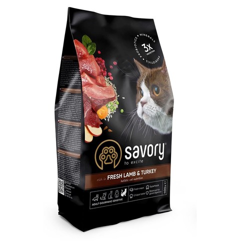 Корм Savory з ягнятиною та індичкою для дорослих котів з чутливим травленням сухий 400г
