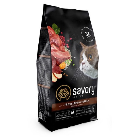 Корм Savory з ягнятиною та індичкою для дорослих котів з чутливим травленням сухий 2кг
