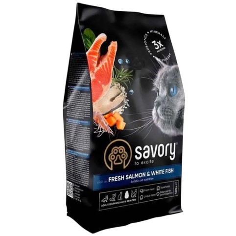 Корм Savory зі свіжим лососем і білою рибою сухий для довгошерстих котів 2кг
