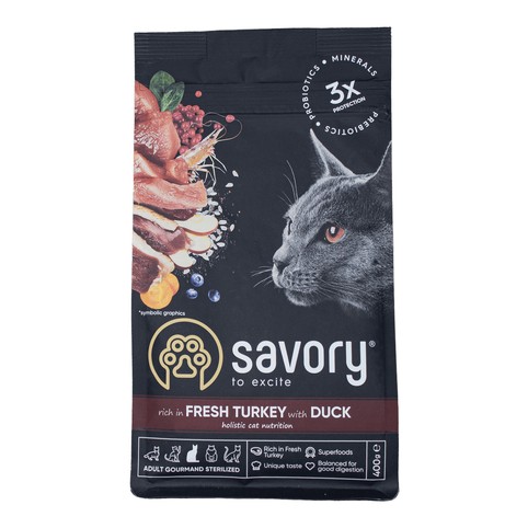 Корм Savory зі свіжою індичкою та качкою сухий для стерилізованих котів 400г